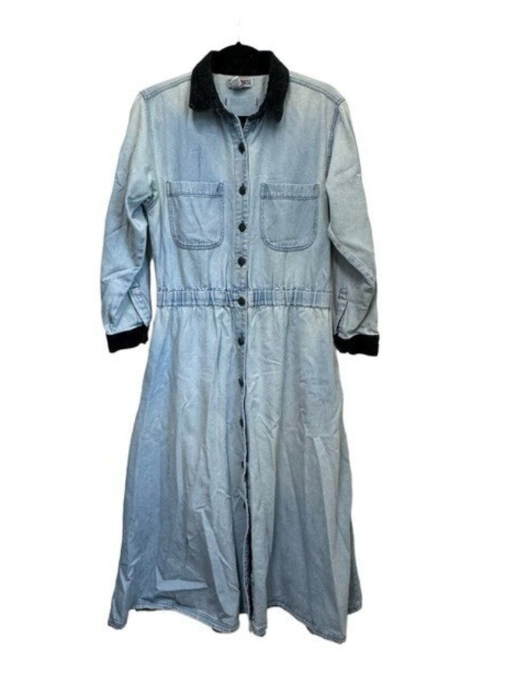 FADS Denim Maxi Shirt Dress Womens 14 Vintage 90s Corduroy Collar Button Front